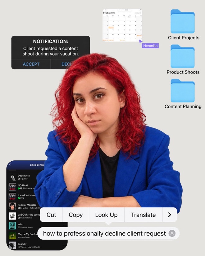 Creator at a desk surrounded by notifications, calendar and content folders